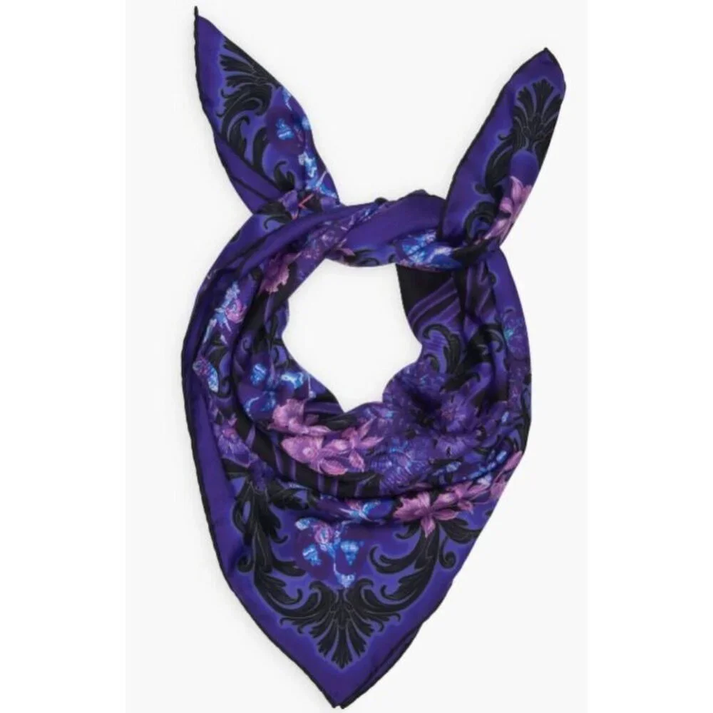 Versace Orchid Print 100% Silk Square Purple Black Scarf Rtl $525 New with Tags